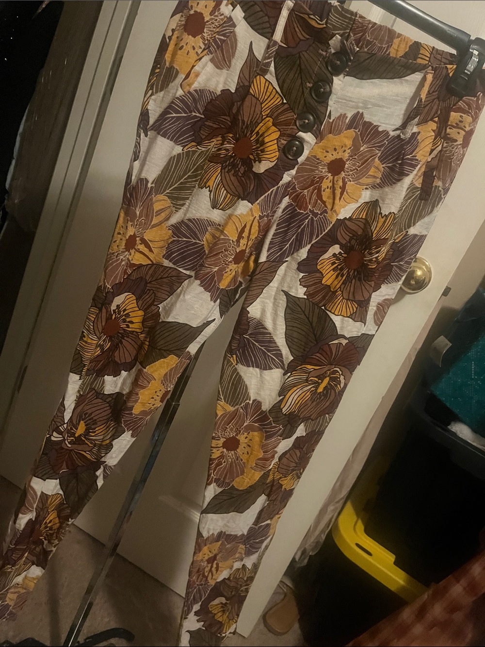 like an angel Floral Skinny Pants in Cream, Brown & Yellow